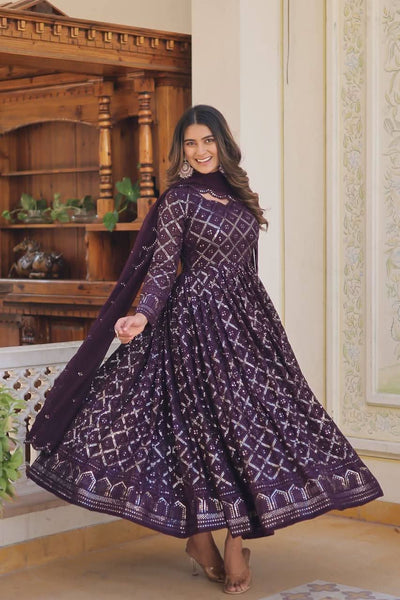 Enchanting Faux Georgette Fully Sequins Embroidered Gown With Dupatta - women's fashion mart
