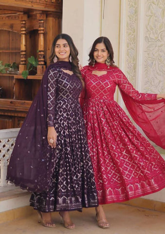 Enchanting Faux Georgette Fully Sequins Embroidered Gown With Dupatta - women's fashion mart