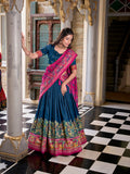 Peacock Blue Color Printed Foil Work Tussar Silk Lehenga Choli