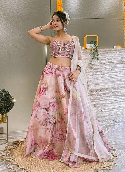 Ethnic Wear Beige Color Organza Material Printed Lehenga Choli -Lehenga Choli XS women's fashion mart