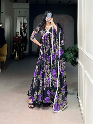 Purple Color Floral Printed And Paper Mirror Lace Georgette Gown