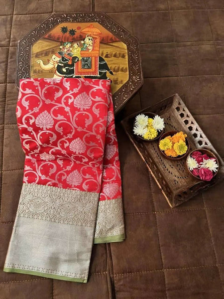 Exquisite Red and Green Silk Saree with Blouse -Saree Red / Unstitched women's fashion mart