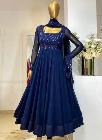 Eye-captivating Royal Blue Color Georgette Base With Embroidery Work Anarkali Suit -Salwar Kameez Semi Stitched women's fashion mart
