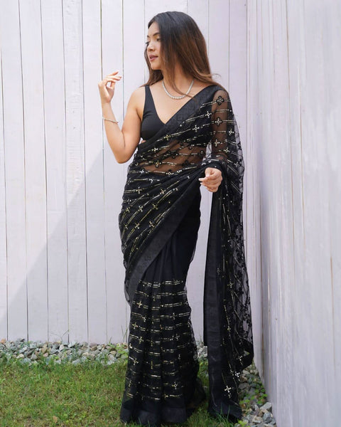Black Colour Sequence Thread Work On Net Saree -Net Saree Black women's fashion mart