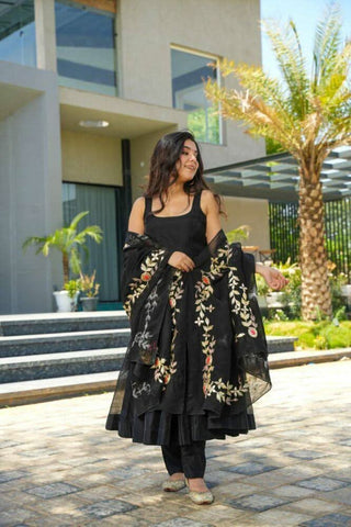 Black colour anarkali suit with embroidery work dupatta -Designer Suit M / Black women's fashion mart