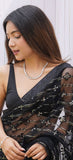 Black Colour Sequence Thread Work On Net Saree -Net Saree Black women's fashion mart