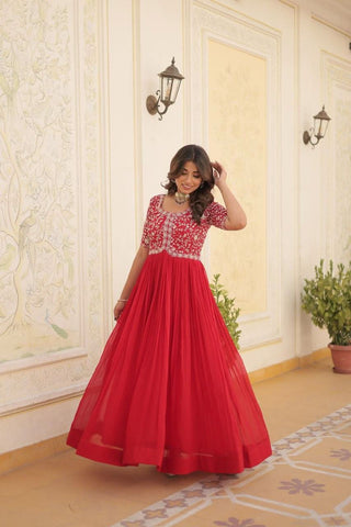 Rose red colour embroidery sequence work gown -Designer Suit M / Red women's fashion mart