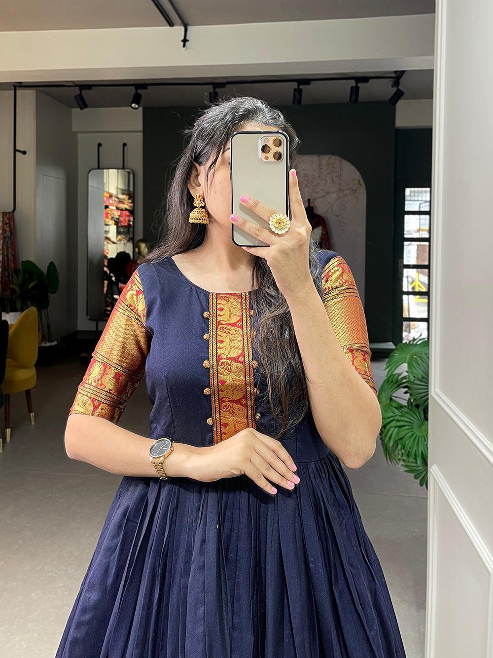 Navy Blue Color Zari Weaving Work Narayan Pet (Cotton) Dress -onam collection Free Size women's fashion mart
