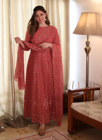 Fantastic Coral Pink Color Georgette Base Festive Wear Designer Anarkali Suit -Salwar Kameez Semi Stitched women's fashion mart