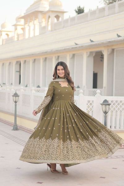 Fantastic Faux Georgette Sequins Embroidered Gown With Dupatta -Gowns Mehendi / M women's fashion mart