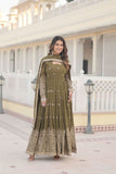 Fantastic Faux Georgette Sequins Embroidered Gown With Dupatta -Gowns Mehendi / M women's fashion mart