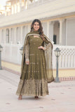 Fantastic Faux Georgette Sequins Embroidered Gown With Dupatta -Gowns Mehendi / M women's fashion mart