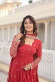 Fantastic Faux Georgette Sequins Embroidered Gown With Dupatta -Gowns Mehendi / M women's fashion mart