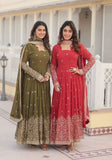Fantastic Faux Georgette Sequins Embroidered Gown With Dupatta -Gowns Mehendi / M women's fashion mart