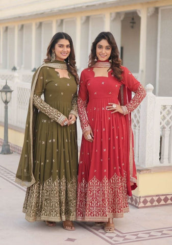 Fantastic Faux Georgette Sequins Embroidered Gown With Dupatta -Gowns Mehendi / M women's fashion mart