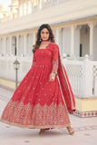 Fantastic Faux Georgette Sequins Embroidered Gown With Dupatta -Gowns Orange Red / M women's fashion mart