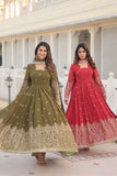 Fantastic Faux Georgette Sequins Embroidered Gown With Dupatta -Gowns Mehendi / M women's fashion mart