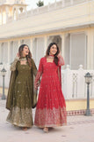 Fantastic Faux Georgette Sequins Embroidered Gown With Dupatta -Gowns Mehendi / M women's fashion mart