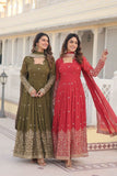 Fantastic Faux Georgette Sequins Embroidered Gown With Dupatta -Gowns Mehendi / M women's fashion mart
