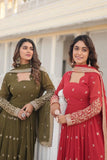 Fantastic Faux Georgette Sequins Embroidered Gown With Dupatta -Gowns Mehendi / M women's fashion mart