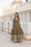 Fantastic Faux Georgette Sequins Embroidered Gown With Dupatta -Gowns Mehendi / M women's fashion mart