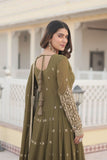 Fantastic Faux Georgette Sequins Embroidered Gown With Dupatta -Gowns Mehendi / M women's fashion mart