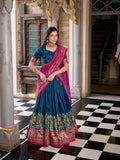 Peacock Blue Color Printed Foil Work Tussar Silk Lehenga Choli
