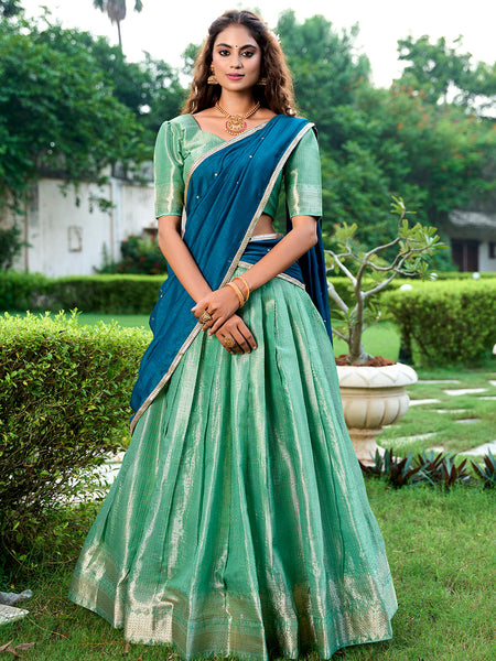 Pista Color Zari Weaving Work Kanchipuram Lehenga Choli - women's fashion mart