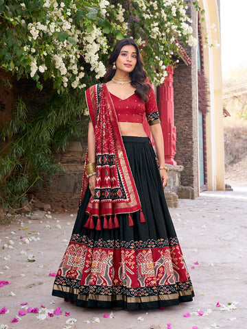 Black Color Patola Printed Tussar Silk Lehenga Choli