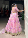 Baby Pink Color Floral Print With Embossed Design Tabby Silk Chaniya Choli