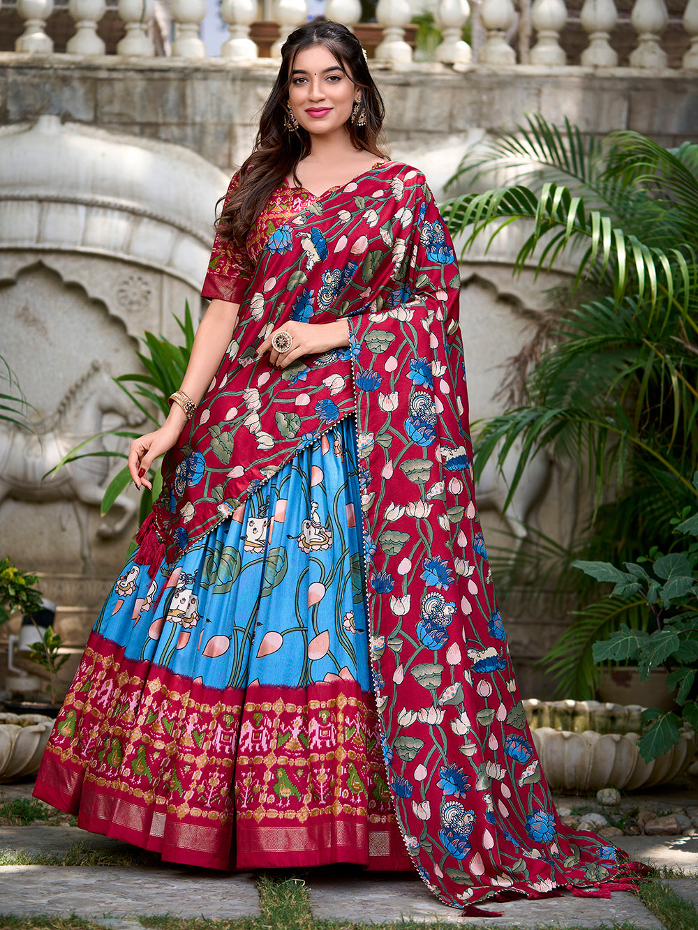 Firozi Color Pichwai With Patola Print And Zari Weaving Border Tussar Silk Voni Lehenga Choli - women's fashion mart