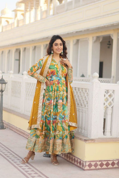 Floral Digital Printed Zari Sequins Worked Gown With Dupatta - women's fashion mart