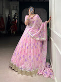 Baby Pink Color Floral Print With Embossed Design Tabby Silk Chaniya Choli