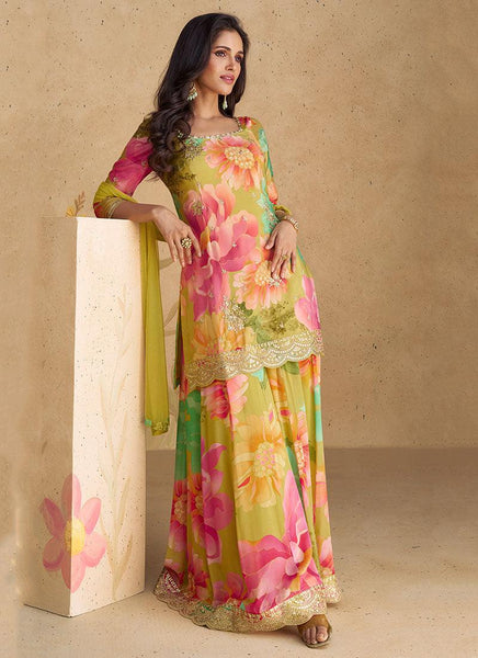 Floral Printed Sequins Embroidered Chinon Silk Top Palazzo Suit - women's fashion mart