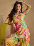 Floral Printed Sequins Embroidered Chinon Silk Top Palazzo Suit - women's fashion mart