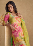 Floral Printed Sequins Embroidered Chinon Silk Top Palazzo Suit - women's fashion mart