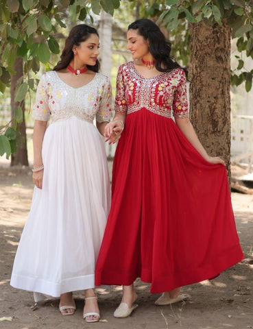 Full flared Georgette base Embroidered Red Gown - women's fashion mart