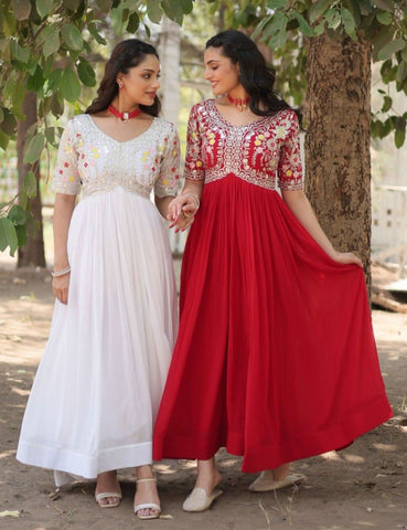 Full flared Georgette base Embroidered Red Gown -Gowns Red / M women's fashion mart