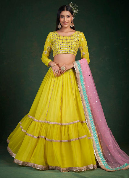 Full Sleeves Lime Yellow Ruffle Lehenga - women's fashion mart