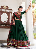 Green Color Gamthi Print And Embossed Design Tussar Silk Lehenga Choli