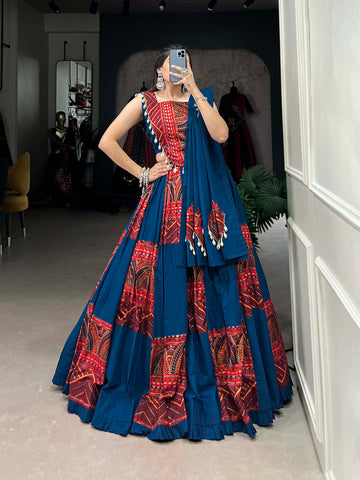 Blue Color Plain And Printed With Foil Work Cotton Lehenga Choli - women's fashion mart