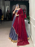 Dusty Blue Color Embossed Design With Gotta Patti Lace Touch Up Rayon Chaniya Choli