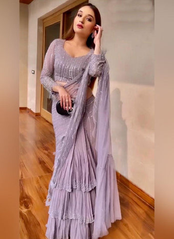 Georgette Base Embroidery Work Party Wear Lilac Saree -Saree XS women's fashion mart