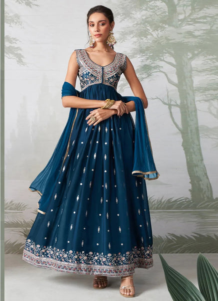 Elegant Teal Blue Embroidered Designer Anarkali Suit - women's fashion mart