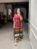 Crimson Color Digital Print With Gotta Patti Lace Border Gaji Silk Kaftan -dress for women Default Title women's fashion mart