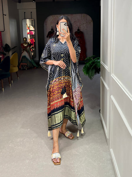 Black Color Digital Bandhej Printed Gaji Silk Kaftan - women's fashion mart