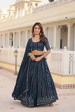 Glamorous Faux Georgette Sequins Thread Worked Lehenga Choli Set -Lehenga Choli Blue / Semi Stitched women's fashion mart