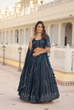 Glamorous Faux Georgette Sequins Thread Worked Lehenga Choli Set -Lehenga Choli Blue / Semi Stitched women's fashion mart