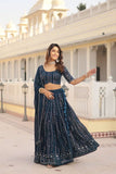 Glamorous Faux Georgette Sequins Thread Worked Lehenga Choli Set -Lehenga Choli Blue / Semi Stitched women's fashion mart
