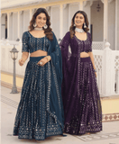 Glamorous Faux Georgette Sequins Thread Worked Lehenga Choli Set -Lehenga Choli Blue / Semi Stitched women's fashion mart